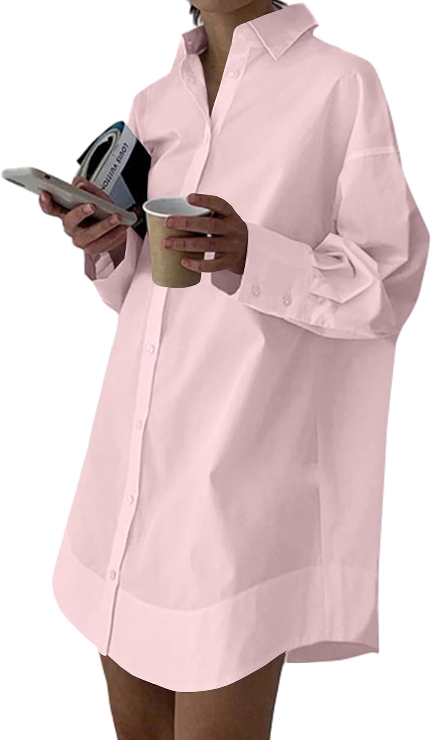 Collared V-Neck Long-Sleeve Button-Down Shirt Dress in Light Pink
