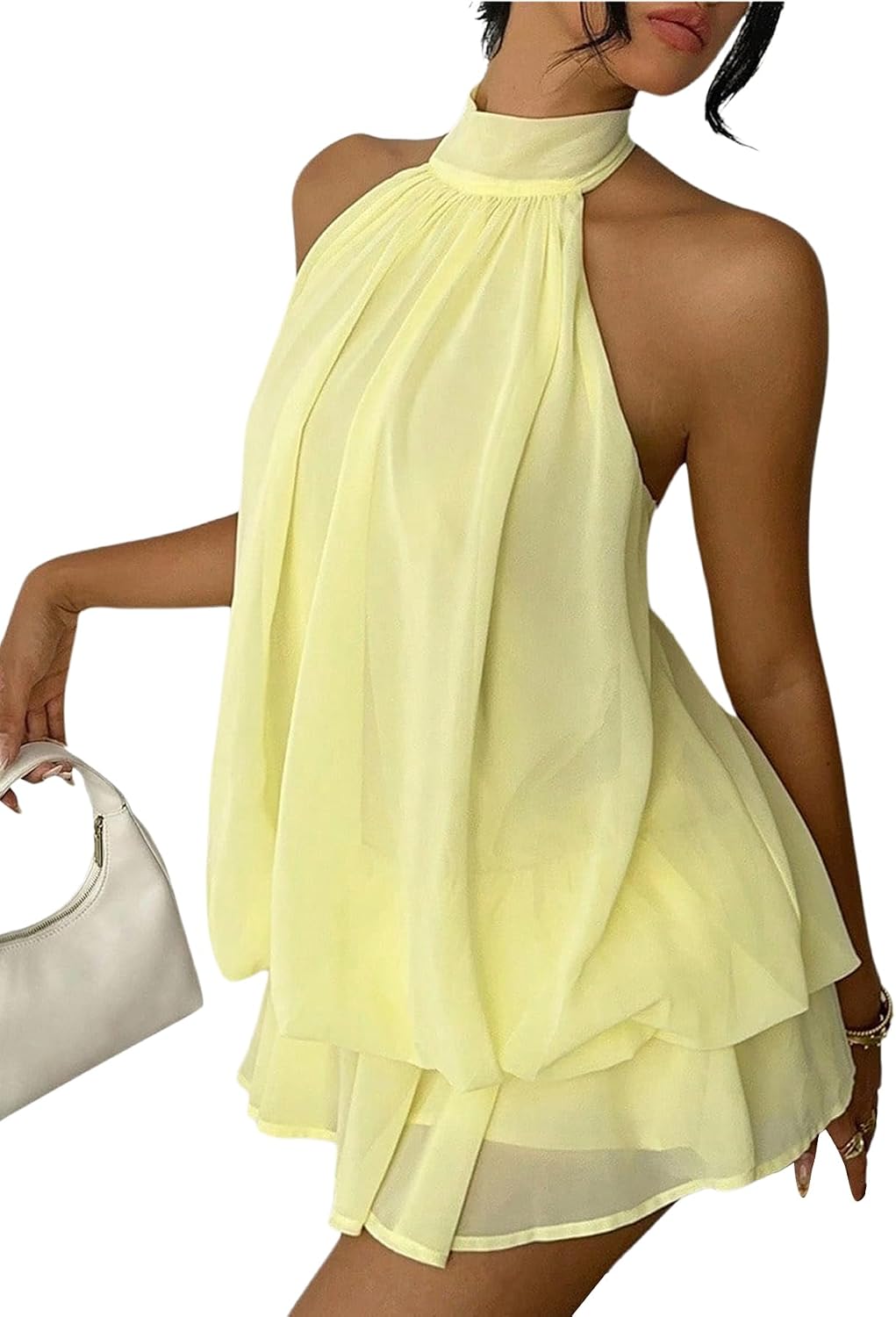 Chiffon Halter Drop-Waist Ruffle-Hem Mini Dress in Butter Yellow