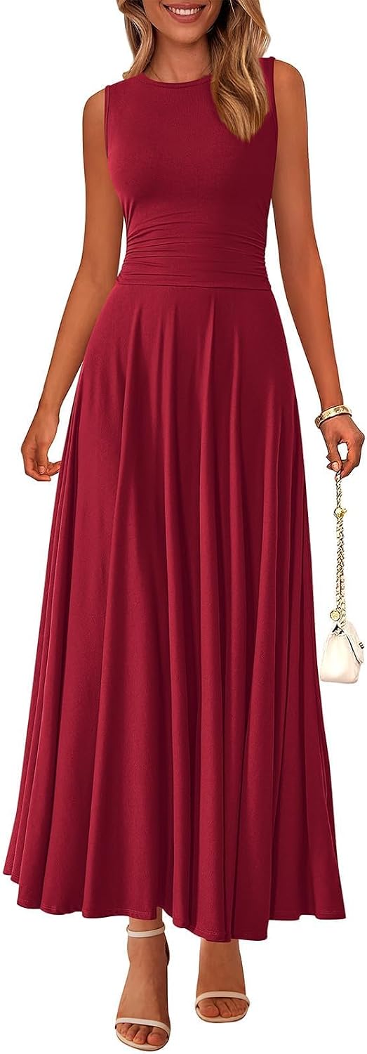 Rib Knit Crew-Neck Sleeveless A-Line Maxi Dress in Burgundy