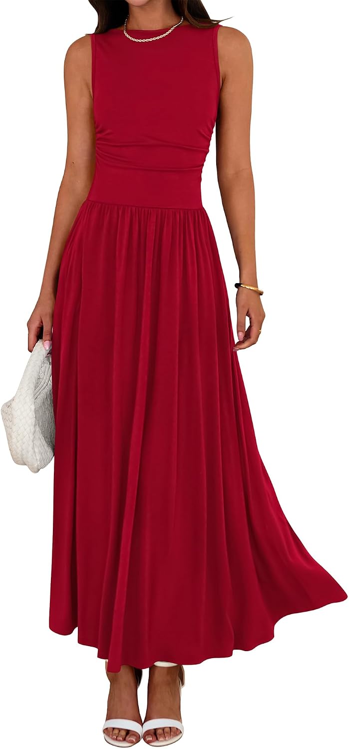 Crew-Neck Ruched Tank Maxi Dress in Red