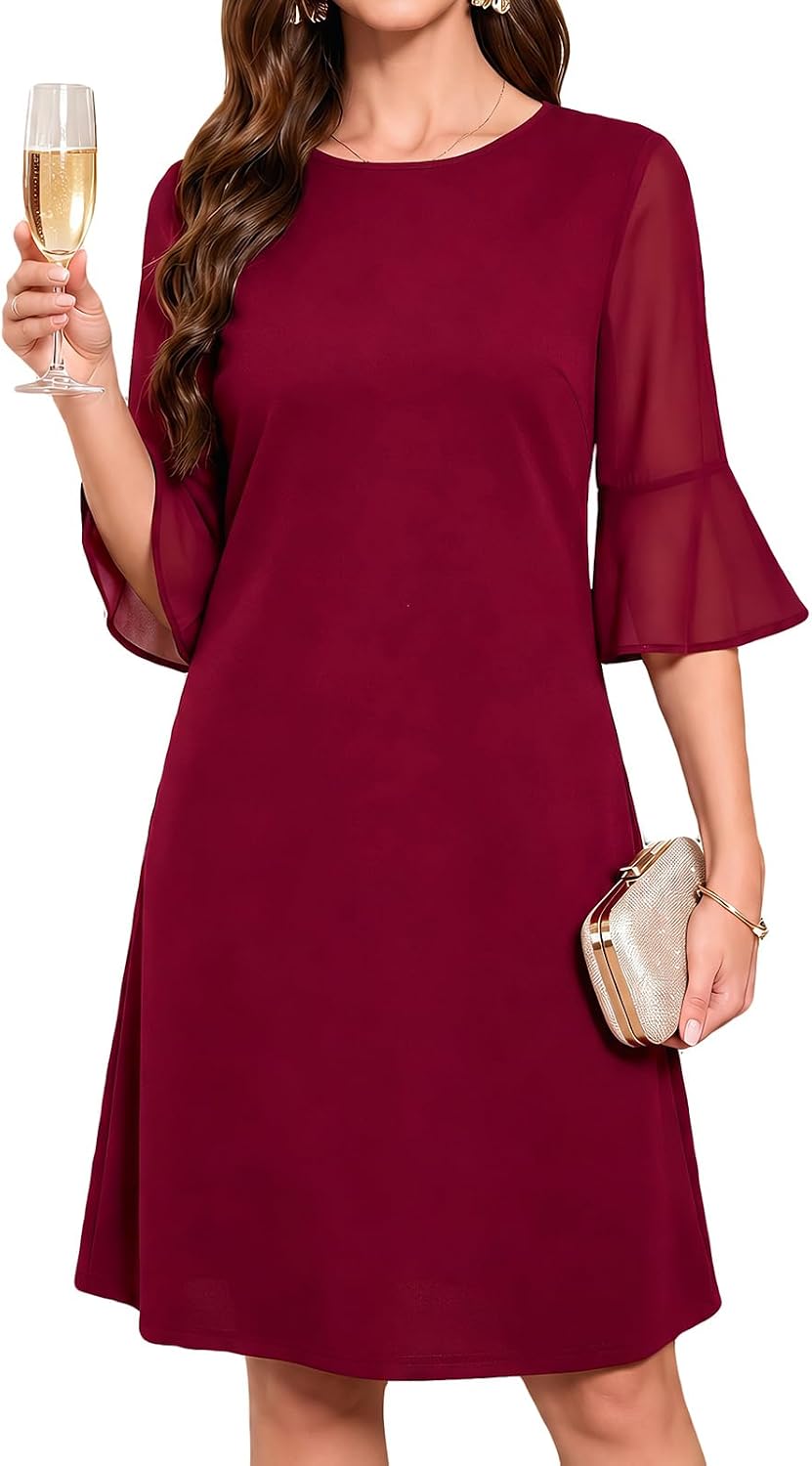 Chiffon Bell-Sleeve Crew-Neck A-Line Dress in Wine Red