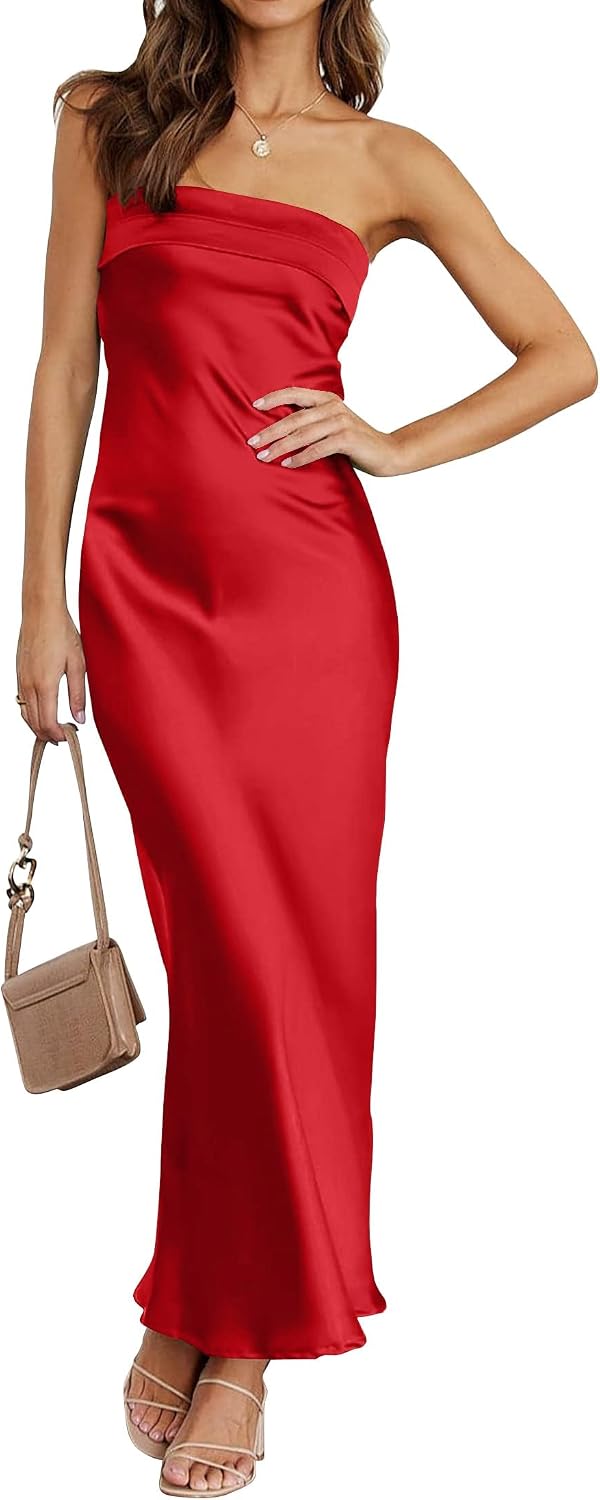 Satin Strapless Backless Bodycon Maxi Dress in Red