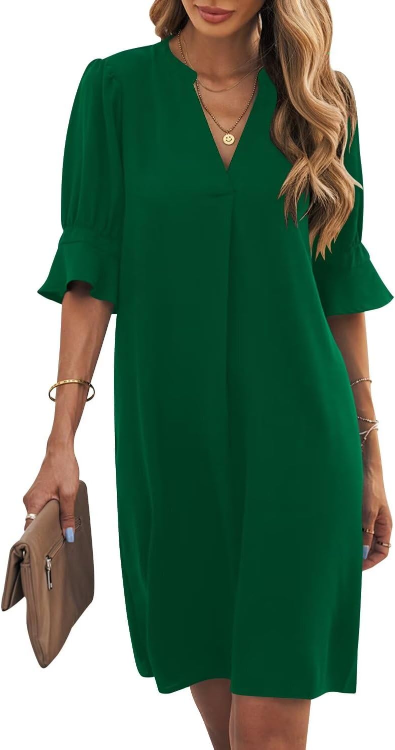 Ruffle-Sleeve V-Neck Swing Shift Mini Dress in Dark Green