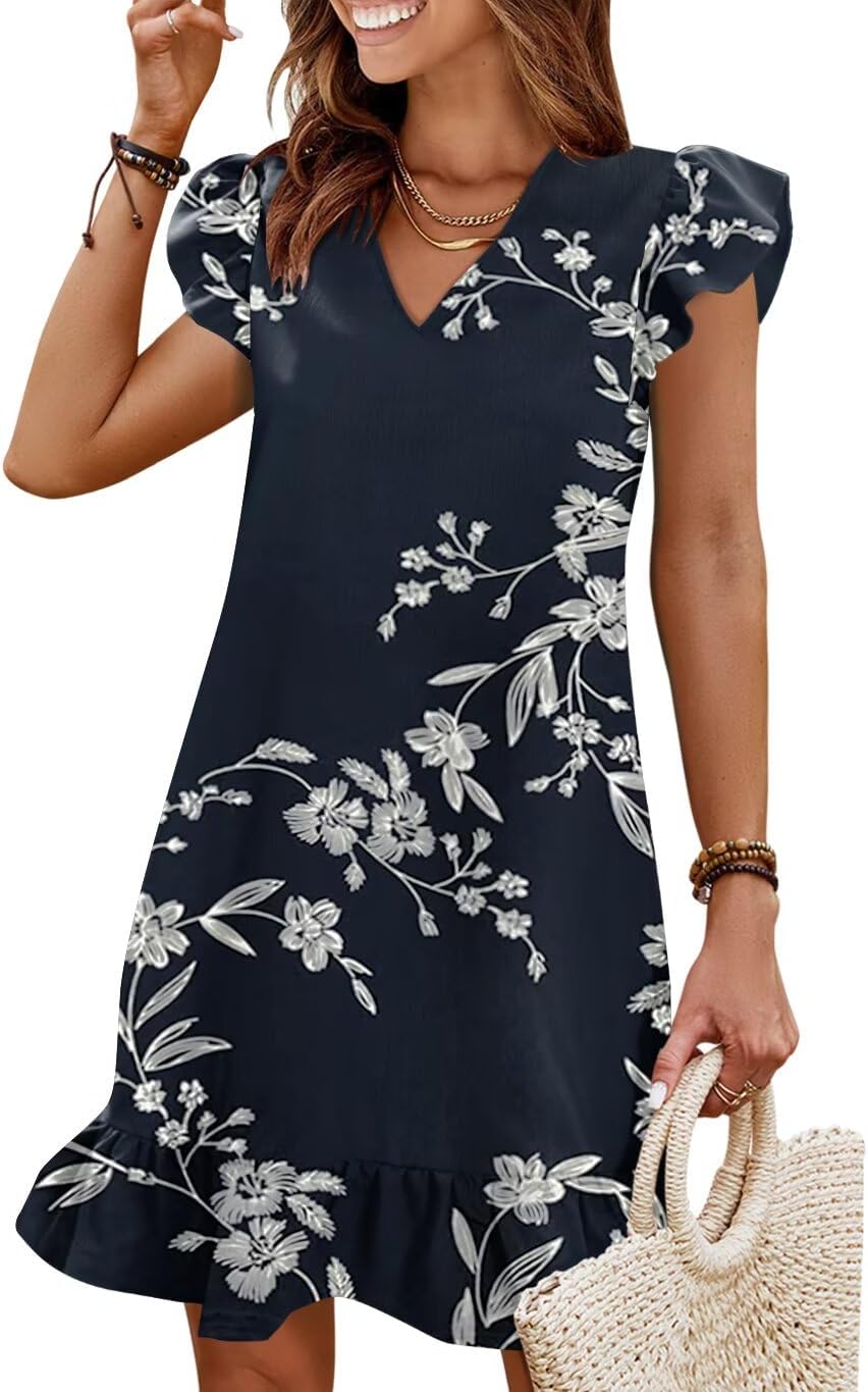 Flutter-Sleeve V-Neck Ruffle-Hem Mini Sundress in White Flower Navy print
