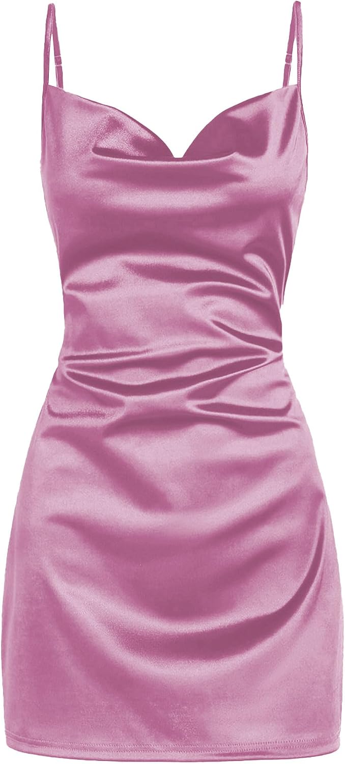 Satin Cowl-Neck Spaghetti Strap Slip Mini Dress in Rose Pink