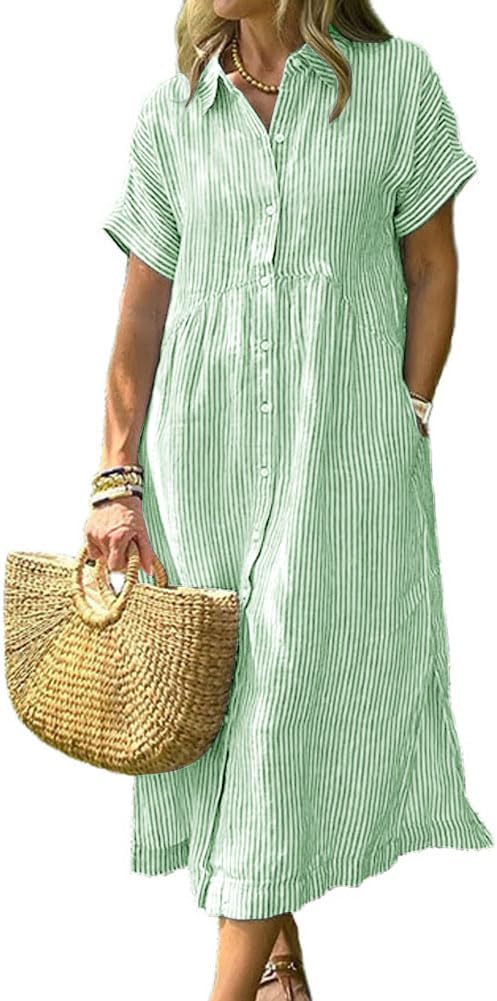 Striped Short-Sleeve Button-Down Midi Shirt Dress in Green
