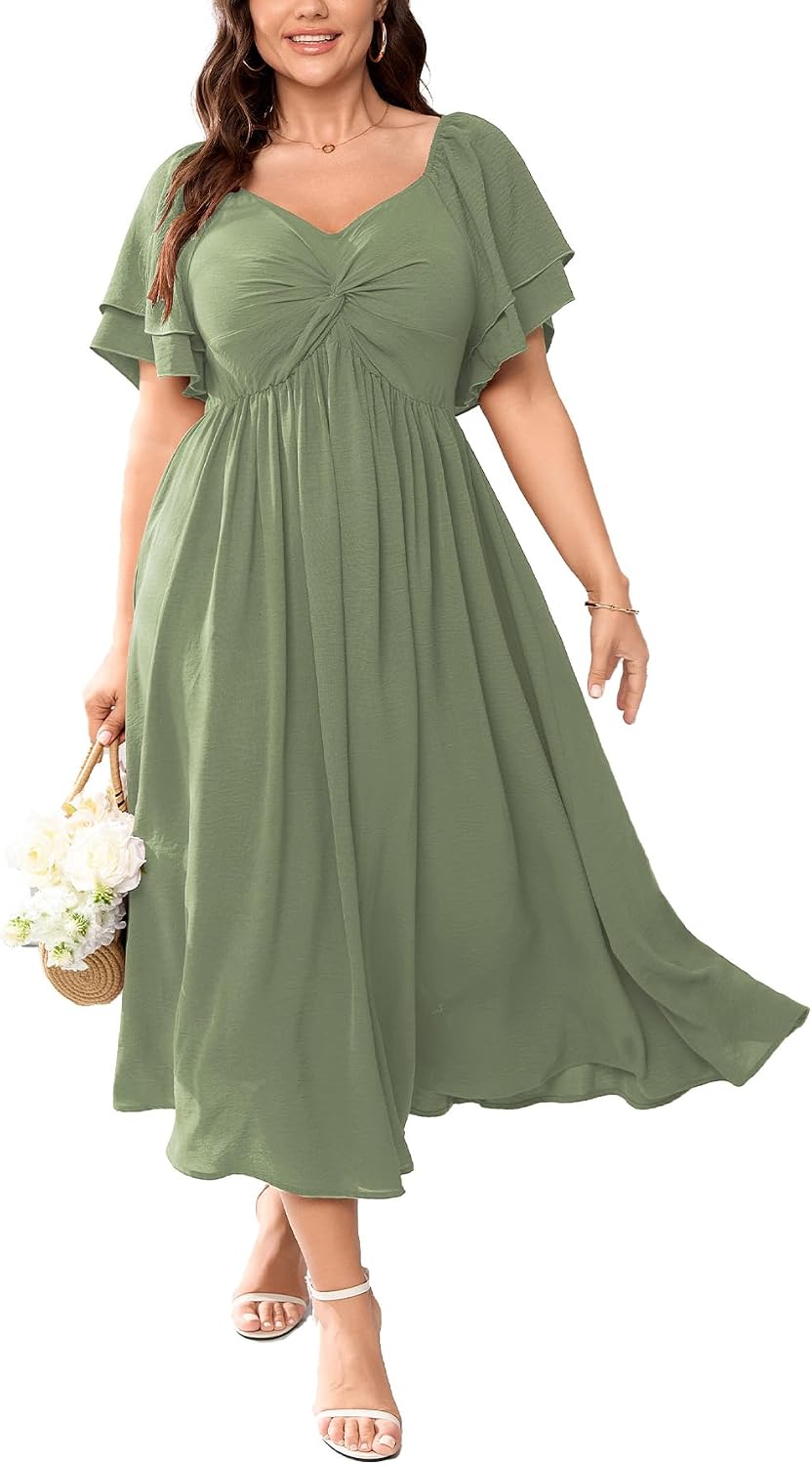 Plus Size Sweetheart Ruffle-Sleeve A-Line Maxi Dress in Sage Green