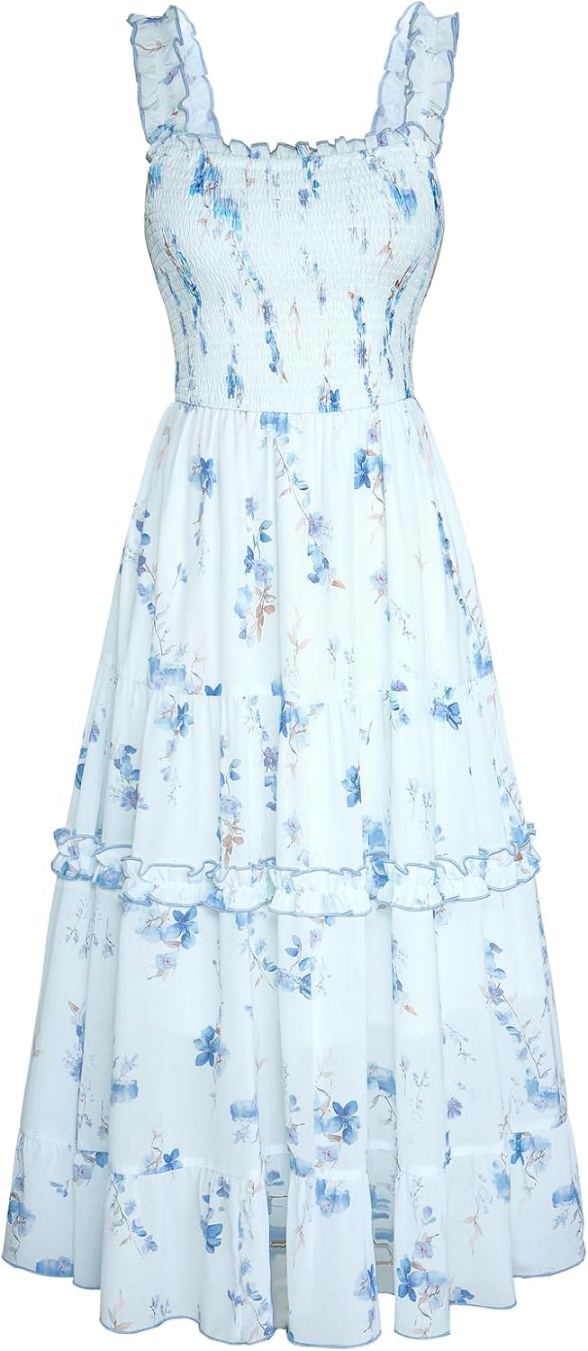 Floral Smocked Square-Neck Tiered Sundress in Light Blue Floral