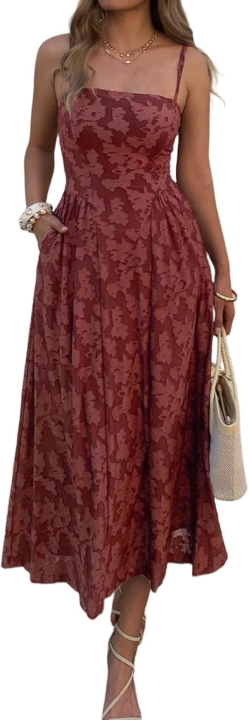 Floral Jacquard Square-Neck Maxi Dress in Wine Red