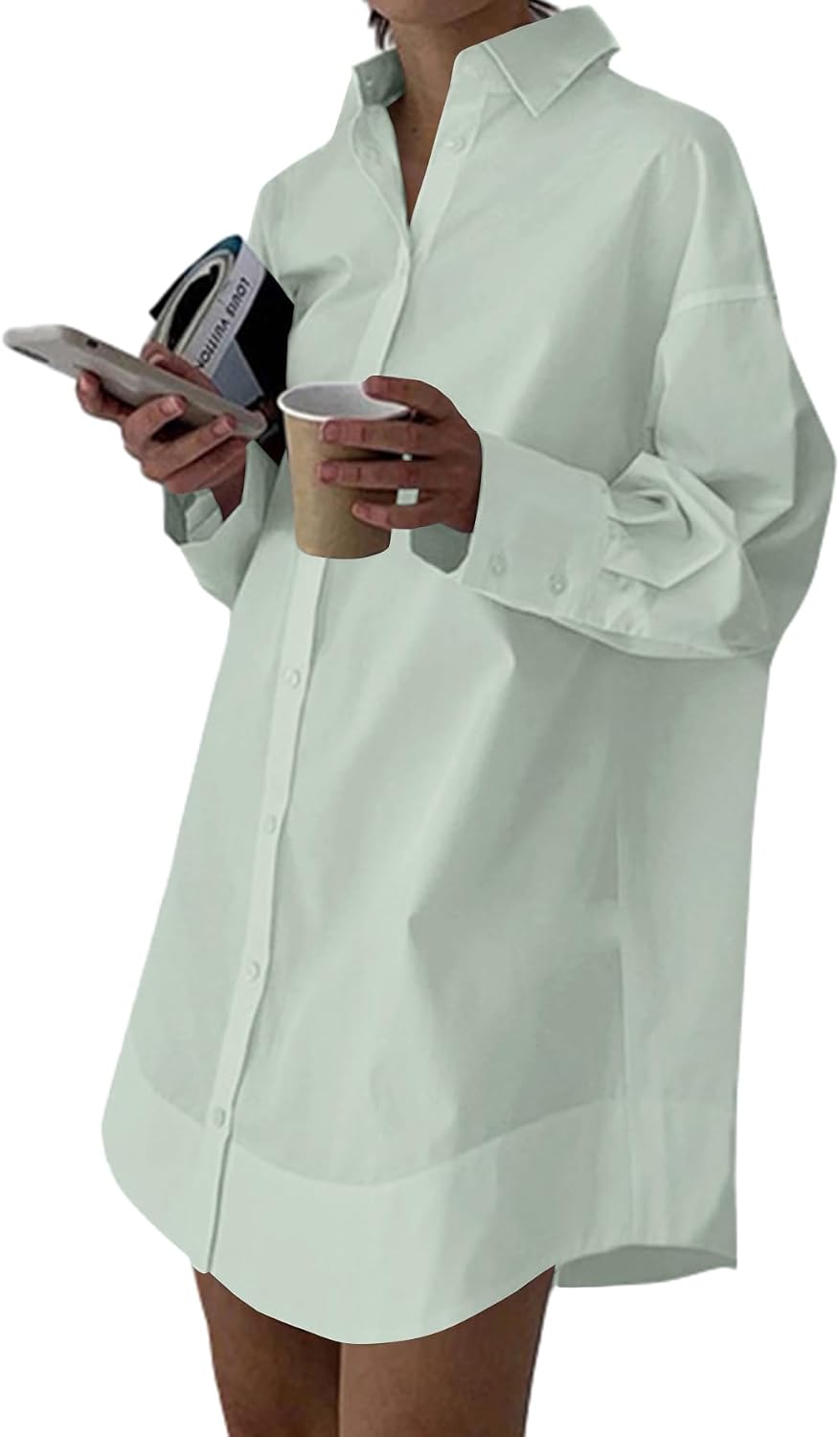 Collared V-Neck Long-Sleeve Button-Down Shirt Dress in Light Green