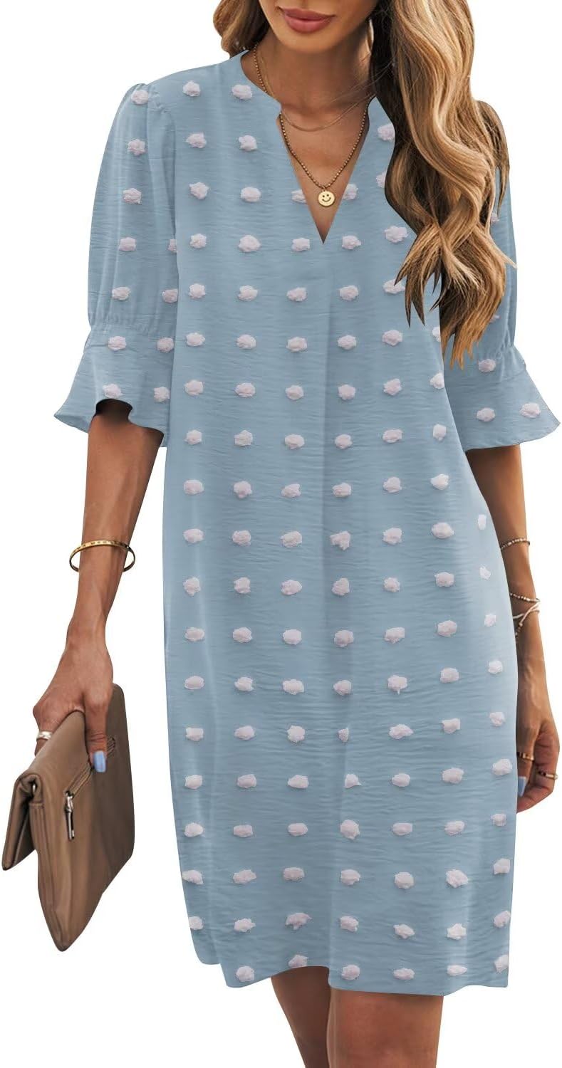 Ruffle-Sleeve V-Neck Swing Shift Mini Dress in Swiss Dot Gray Blue