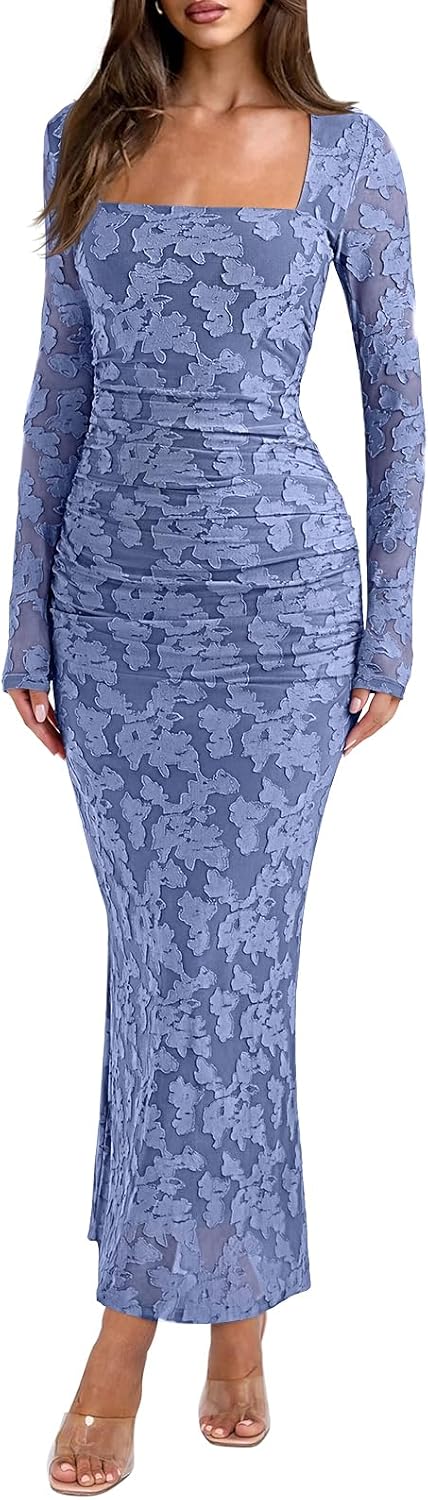 Sheer Mesh Square-Neck Long-Sleeve Ruched Maxi Dress in Blue Floral