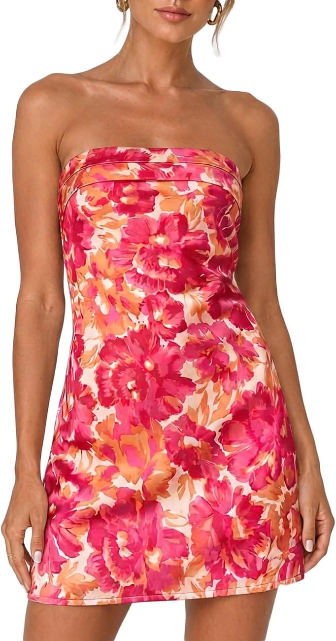 Satin Strapless Backless Tube Mini Dress in Peony Red