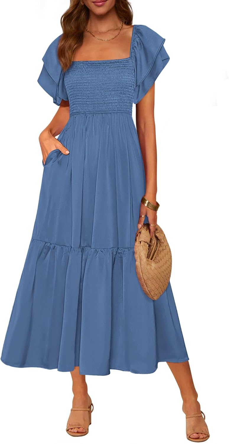 Smocked Square-Neck Ruffle-Sleeve Tiered Midi Dress in Blue