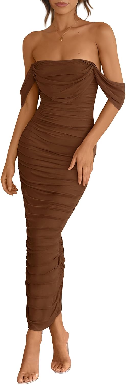 Off-Shoulder Ruched Mesh Maxi Dress with Back Slit in Dark Brown