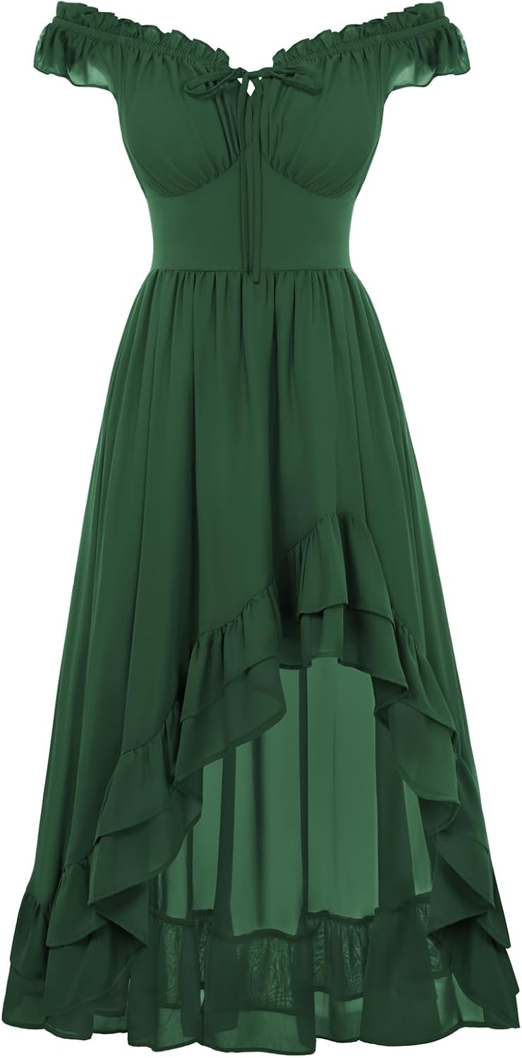 Off-Shoulder Chiffon Corset High-Low Dress in Green