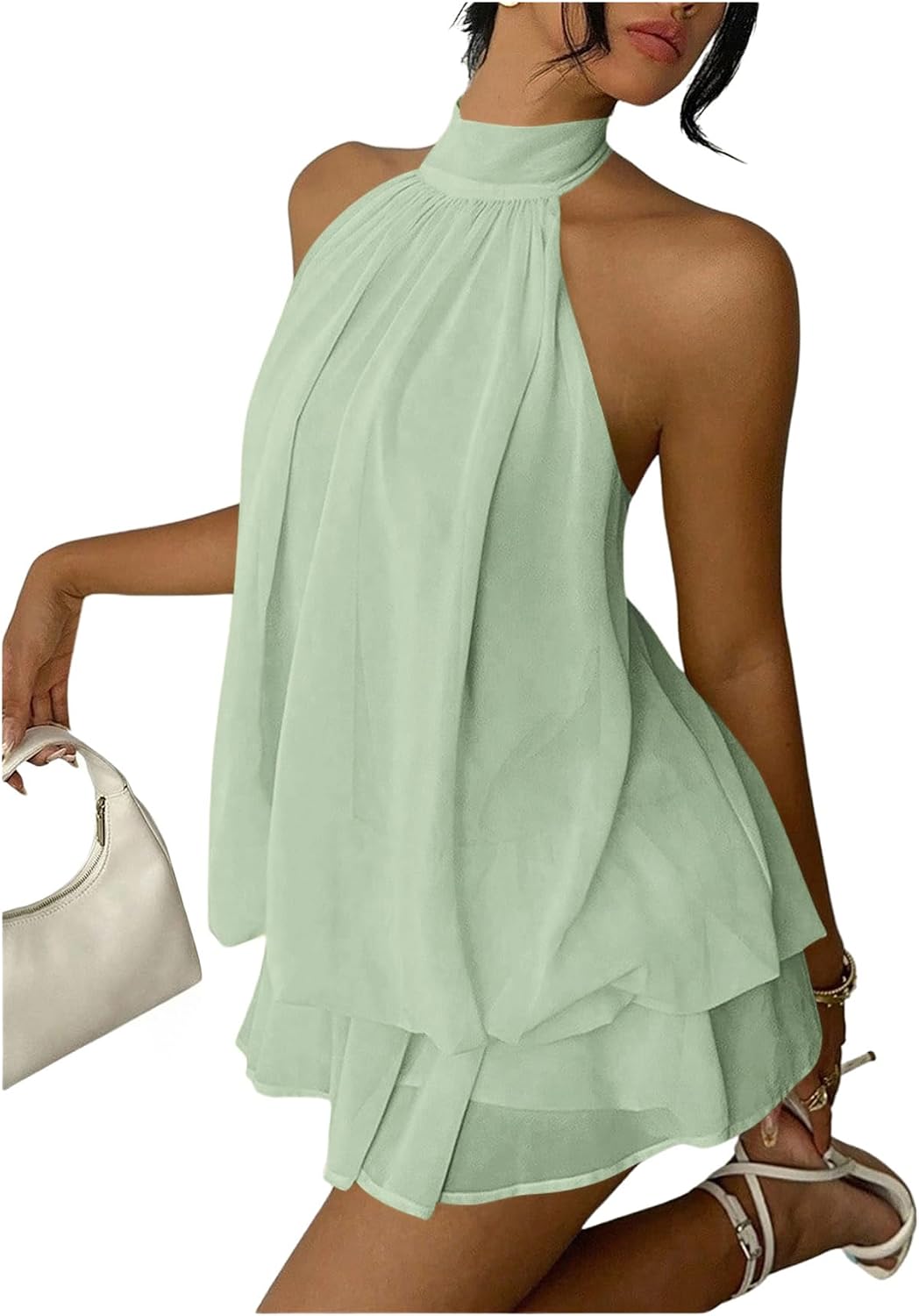 Chiffon Halter Drop-Waist Ruffle-Hem Mini Dress in Mint Green
