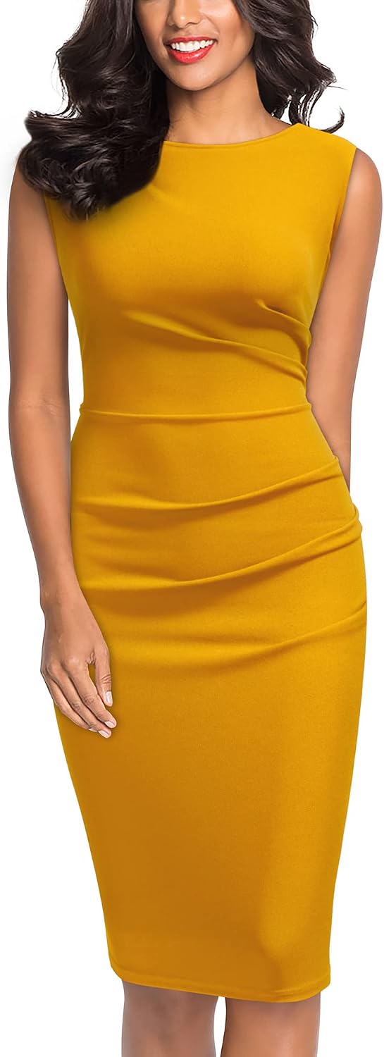 Retro Ruffle Sleeveless Knee-Length Pencil Dress in Yellow