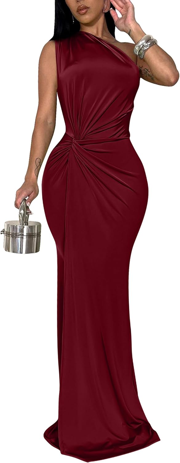One-Shoulder Twist-Waist Sleeveless Maxi Dress in Wine Red