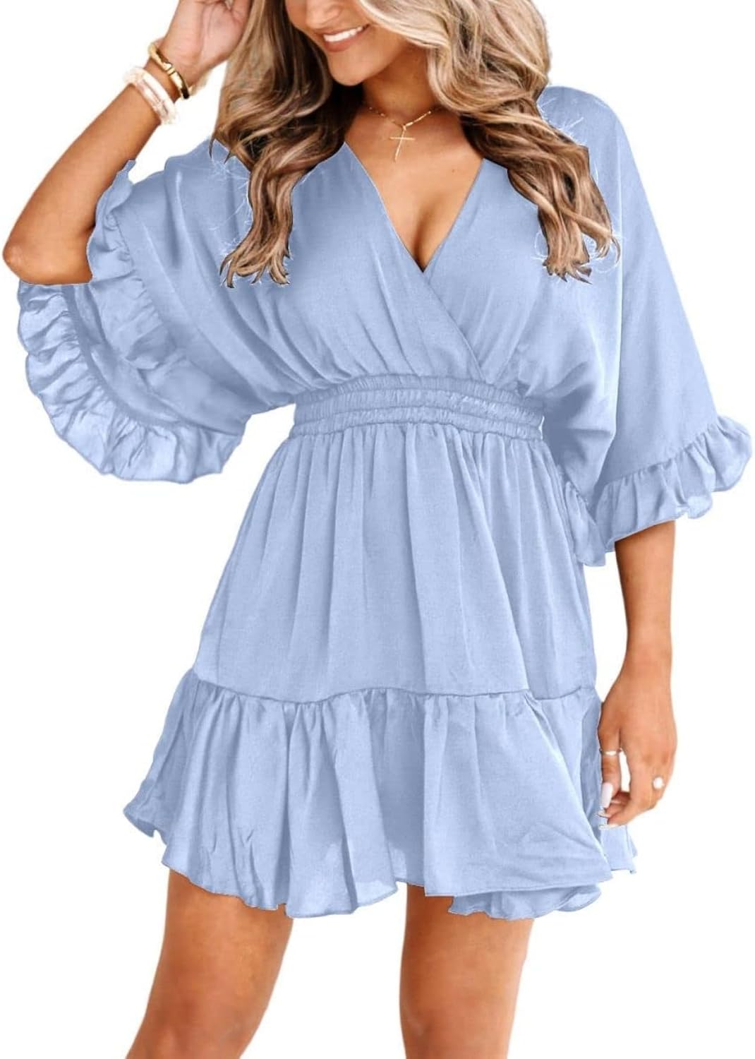 V-Neck Smocked-Waist Ruffle Mini Wrap Dress in Sky Blue