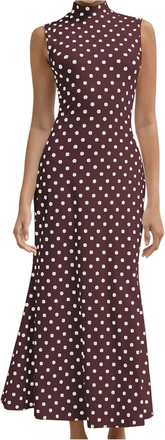Polka Dot Mock-Neck Sleeveless Maxi Dress in Brown