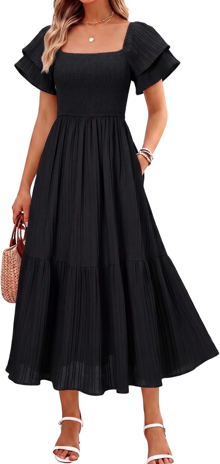 Off-Shoulder Ruffle Square-Neck Midi Dress in Black