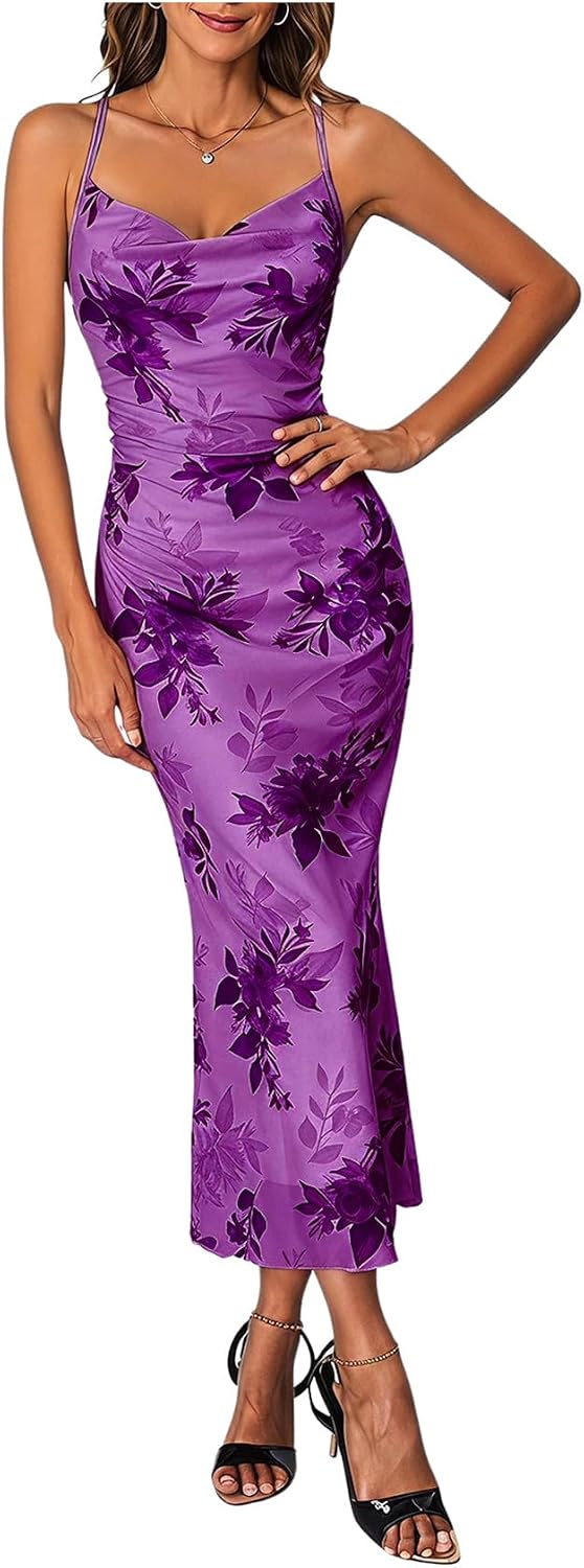 Floral Mesh Cowl-Neck Cami Maxi Dress in Purple Floral