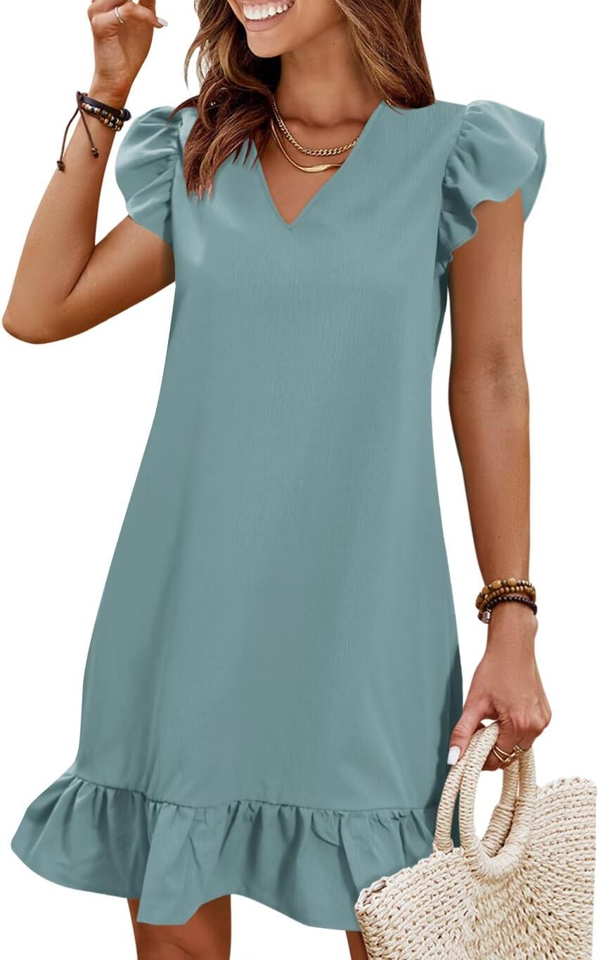 Flutter-Sleeve V-Neck Ruffle-Hem Mini Sundress in Grey Blue