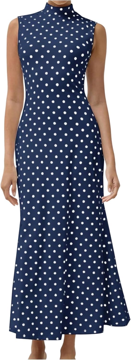 Polka Dot Mock-Neck Sleeveless Maxi Dress in Blue
