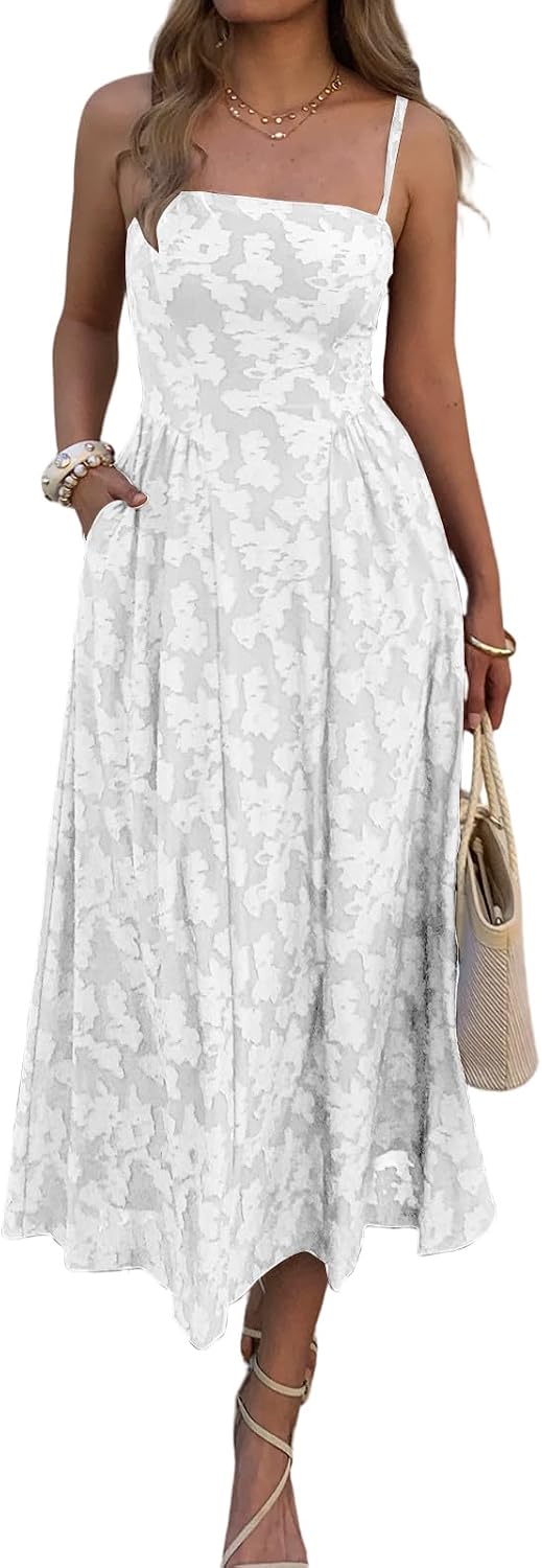 Floral Jacquard Square-Neck Maxi Dress in White