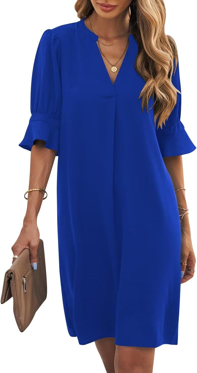 Ruffle-Sleeve V-Neck Swing Shift Mini Dress in Klein Blue