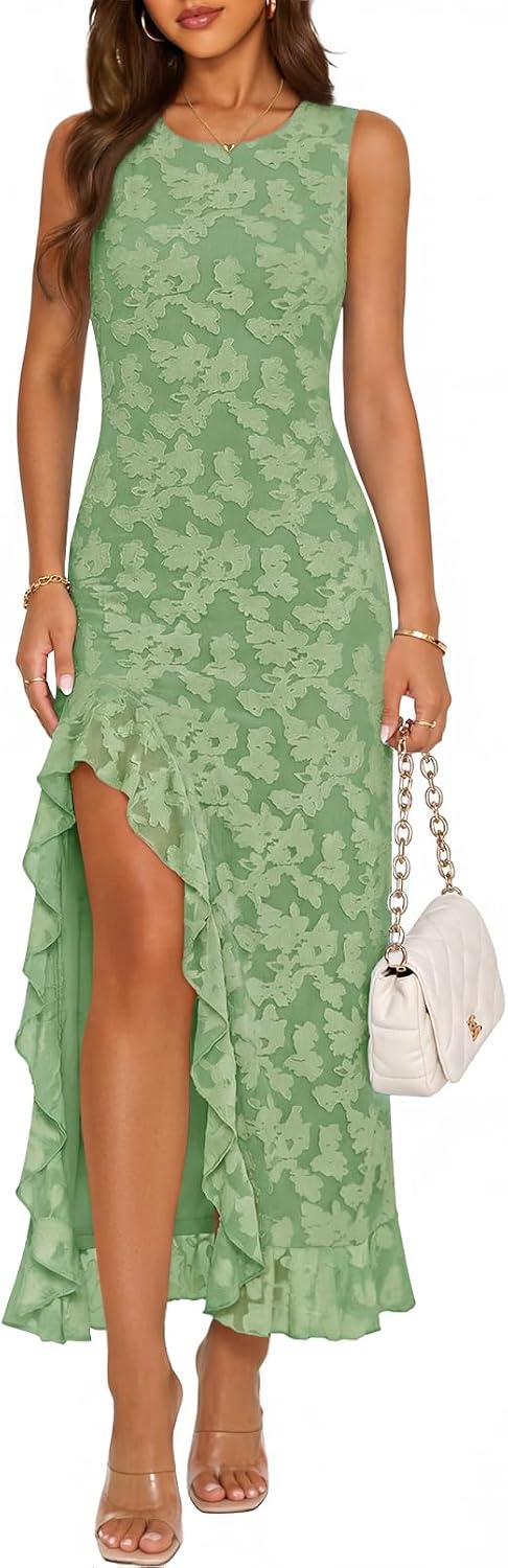 Floral Ruffle-Hem Sleeveless Maxi Dress in Light Green