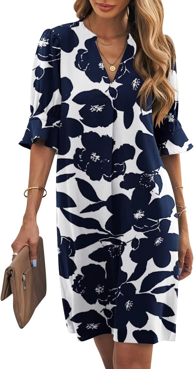 Ruffle-Sleeve V-Neck Swing Shift Mini Dress in Blue White