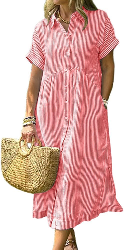 Striped Short-Sleeve Button-Down Midi Shirt Dress in Red