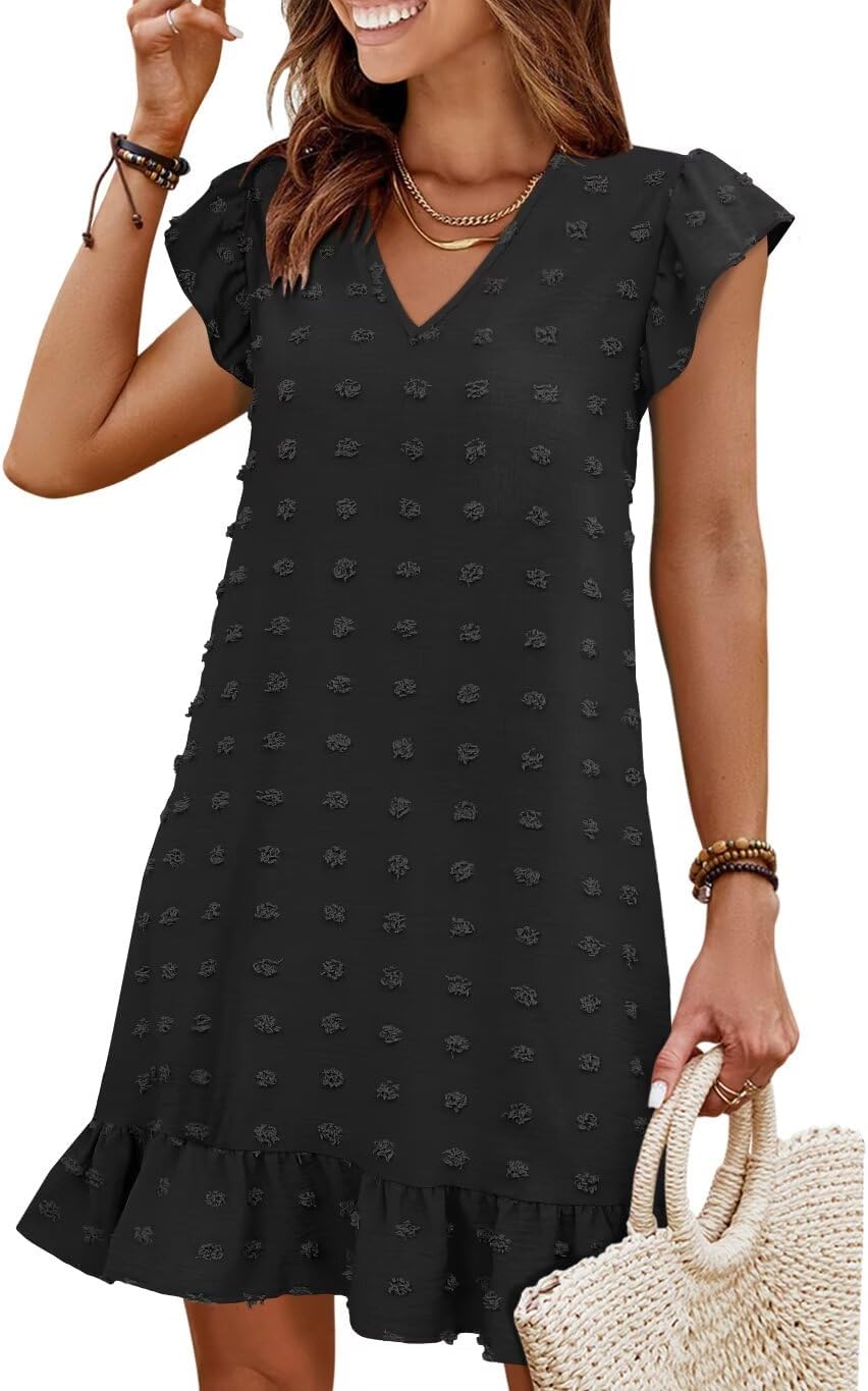 Flutter-Sleeve V-Neck Ruffle-Hem Mini Sundress in Black, style 02