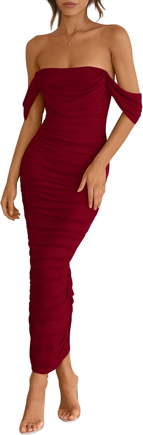 Off-Shoulder Ruched Mesh Maxi Dress with Back Slit in Wine Red