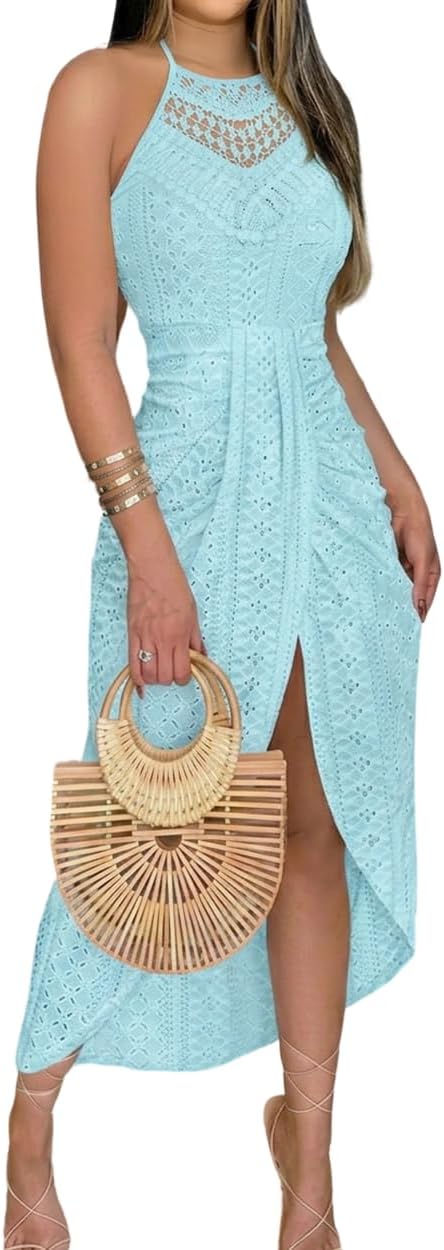 Eyelet Halter Cut-Out A-Line Dress in Light Blue
