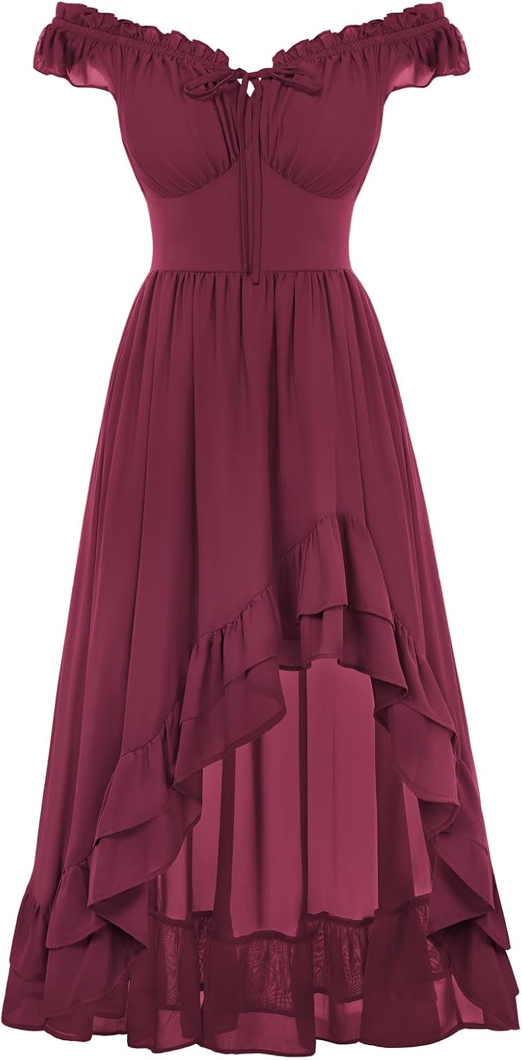 Off-Shoulder Chiffon Corset High-Low Dress in Rose Red