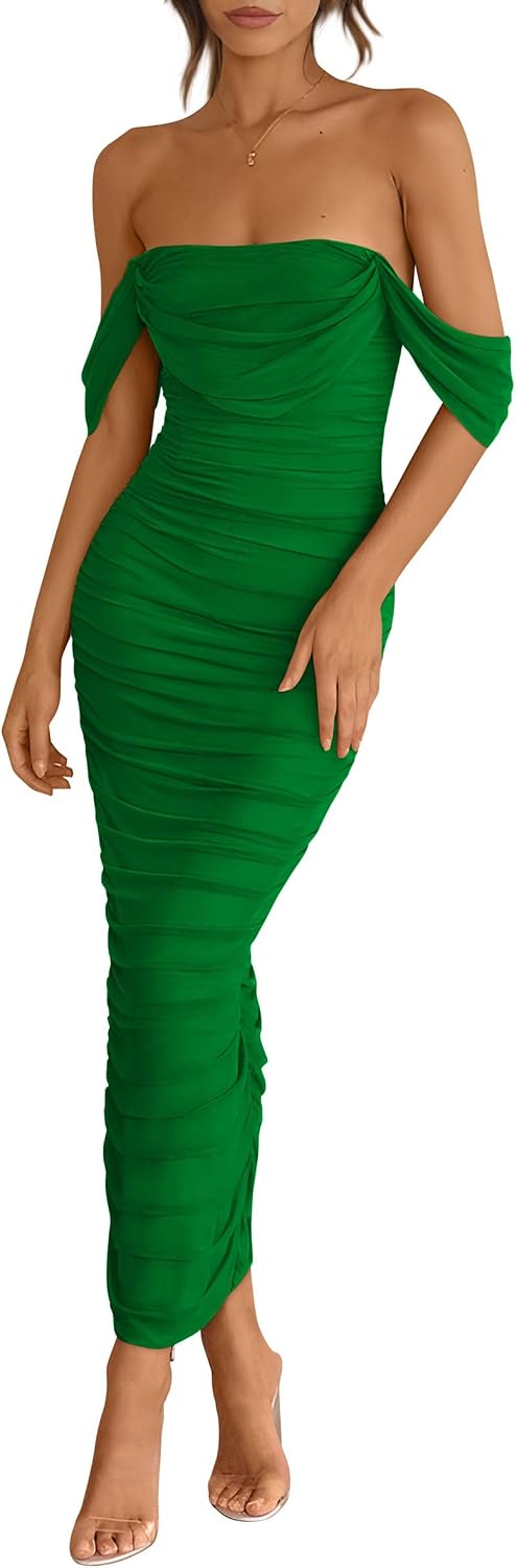 Off-Shoulder Ruched Mesh Maxi Dress with Back Slit in Green