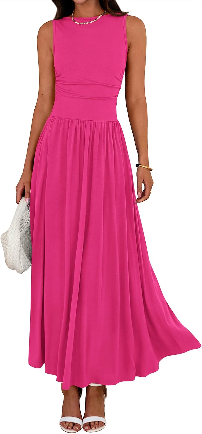 Crew-Neck Ruched Tank Maxi Dress in Rose Red