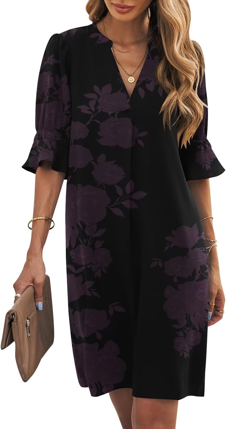 Ruffle-Sleeve V-Neck Swing Shift Mini Dress in Dark Rose
