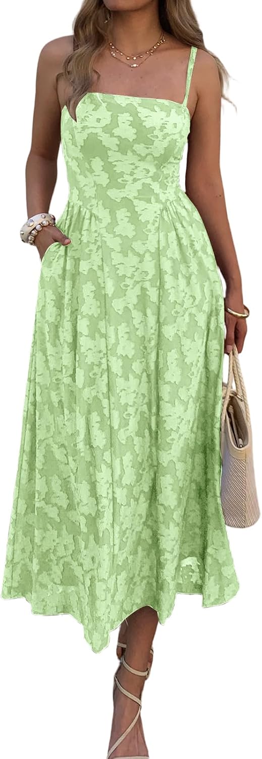Floral Jacquard Square-Neck Maxi Dress in Green