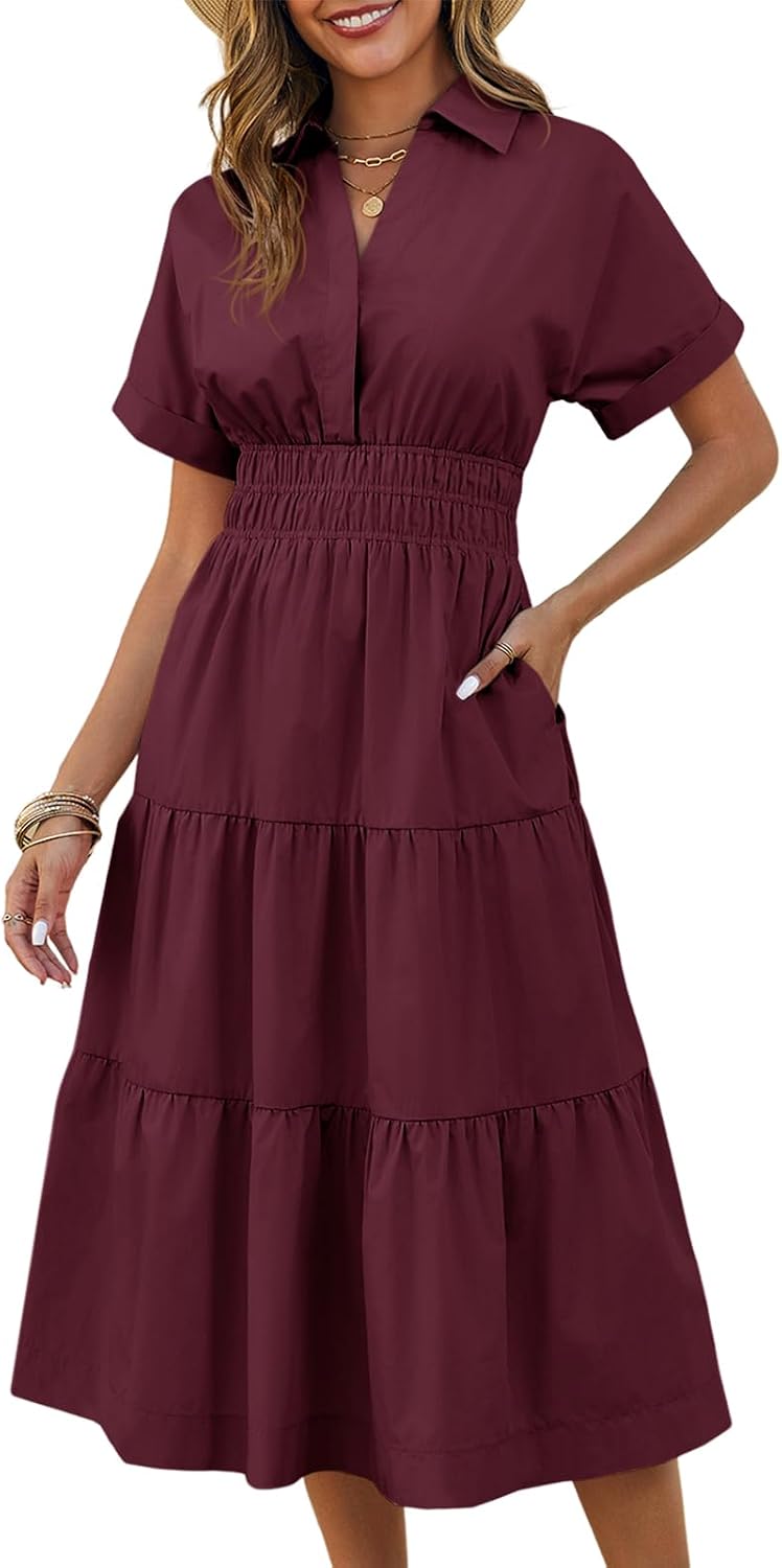 Collared Short-Sleeve Tiered Maxi Shirt Dress in Burgundy