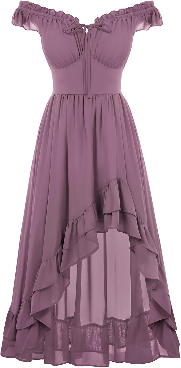 Off-Shoulder Chiffon Corset High-Low Dress in Lilac Purple
