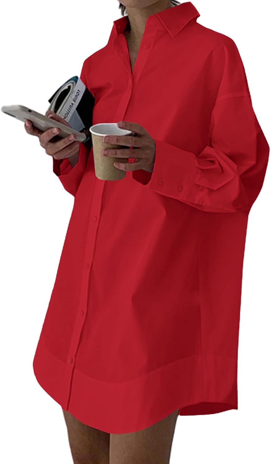 Collared V-Neck Long-Sleeve Button-Down Shirt Dress in Red