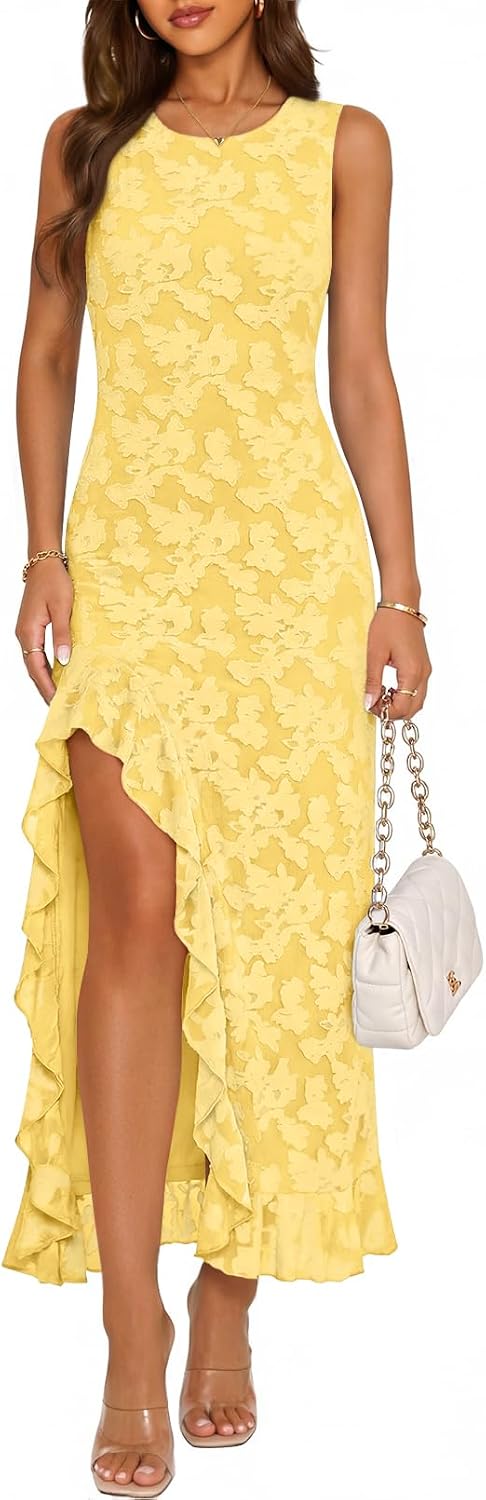 Floral Ruffle-Hem Sleeveless Maxi Dress in Yellow