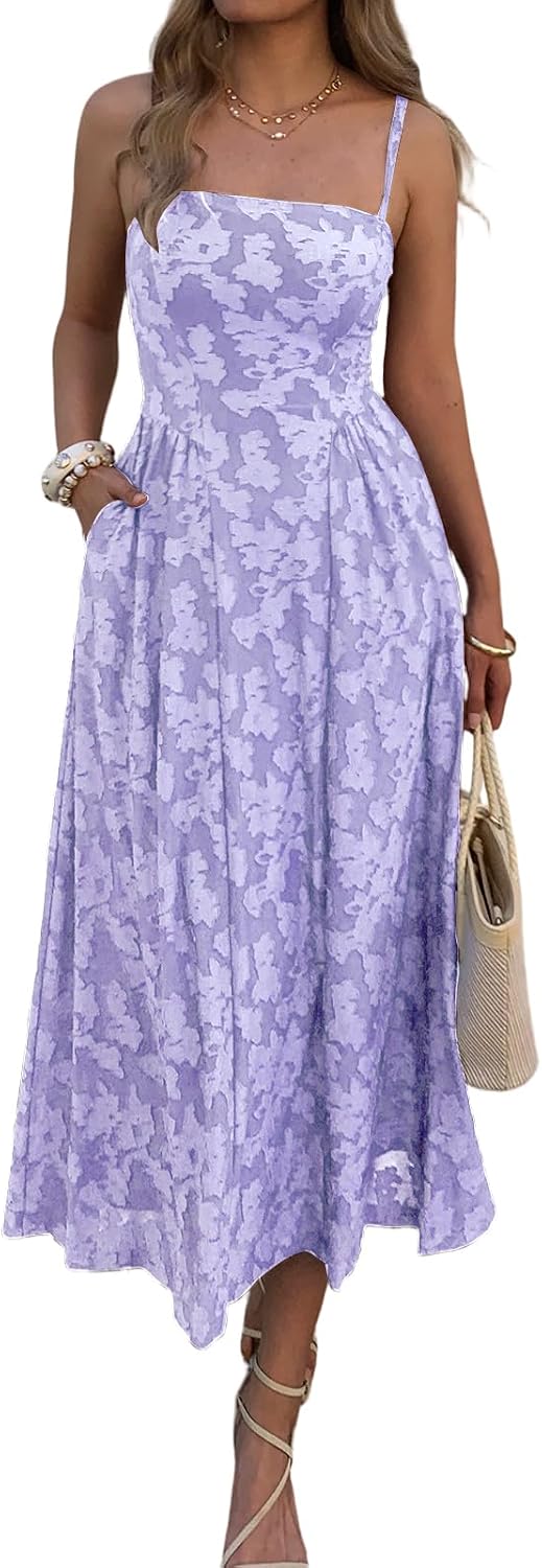 Floral Jacquard Square-Neck Maxi Dress in Purple