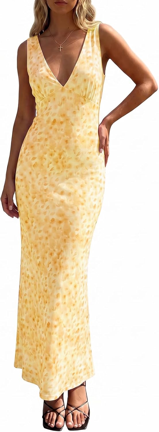 Polka Dot Mesh Deep V-Neck Backless Maxi Dress in Yellow