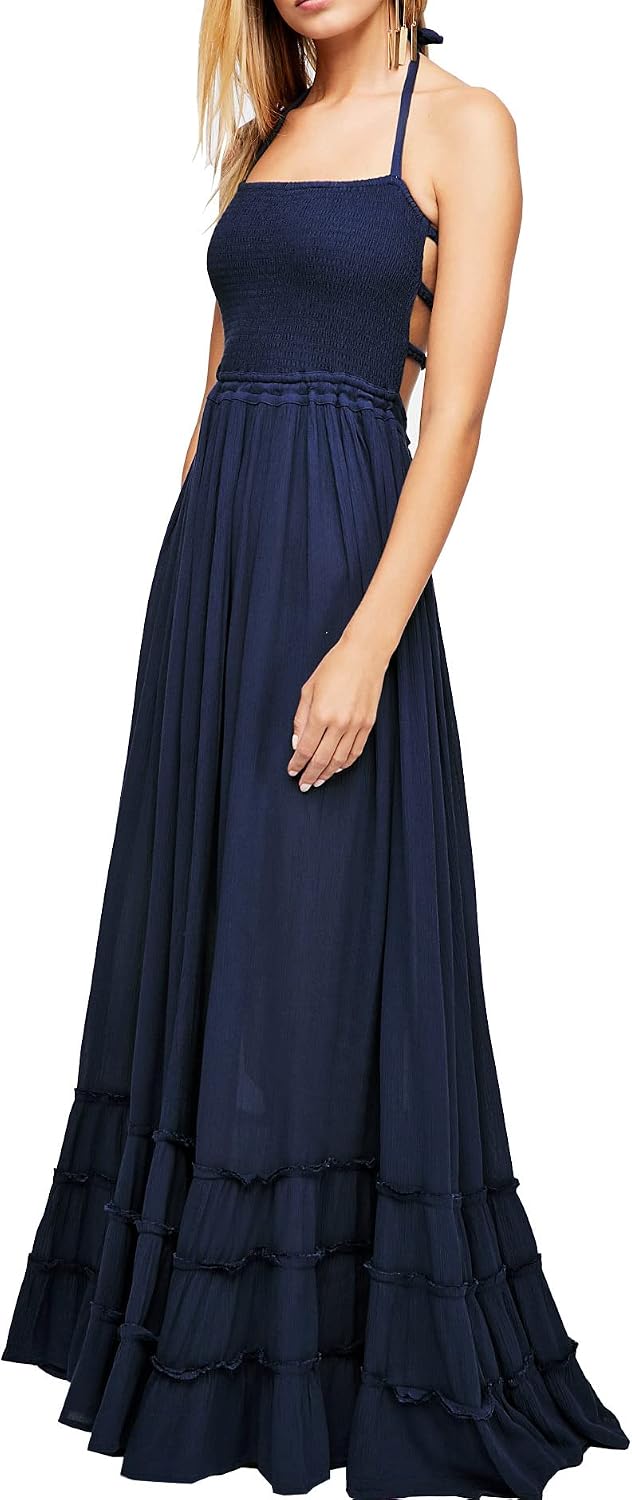 Smocked Ruffle Halter Backless Maxi Dress in Navy Blue