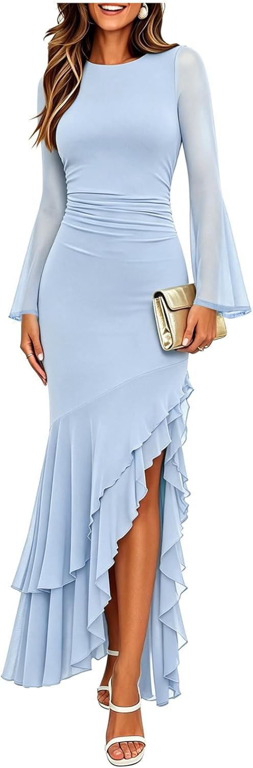 Ruched Mesh Long-Sleeve Mermaid Maxi Dress in Blue